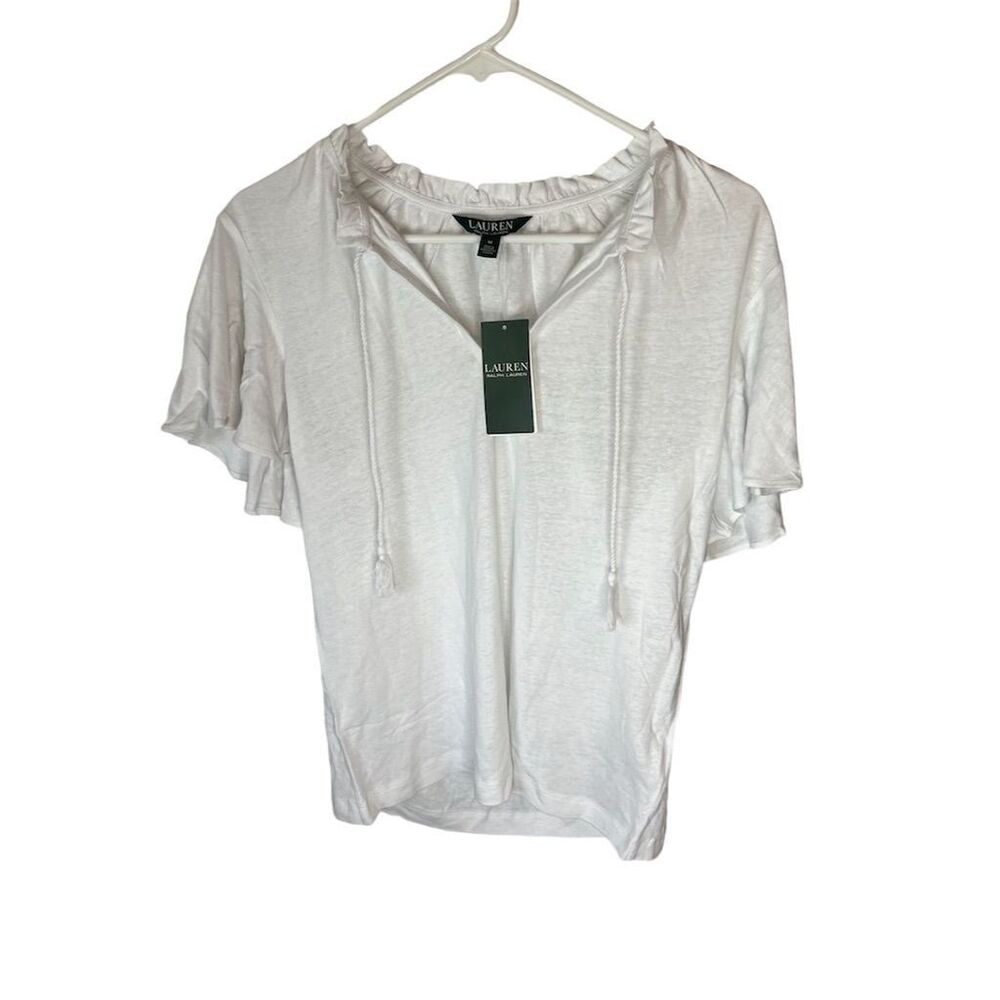 Ralph Lauren Women's White Flutter Sleeve Tie-Neck T-Shirt Size M